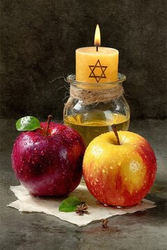 Watercolor Rosh Hashanah greeting with apples, candle, and Star of David, copy space included