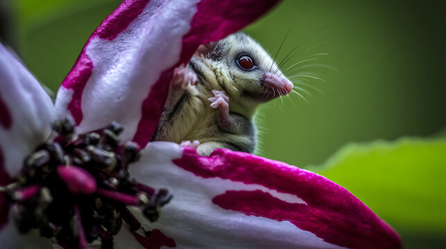 A tiny, fluffy pygmy possum sitting comfortably on purple leaves, macro photography, wildlife concept.