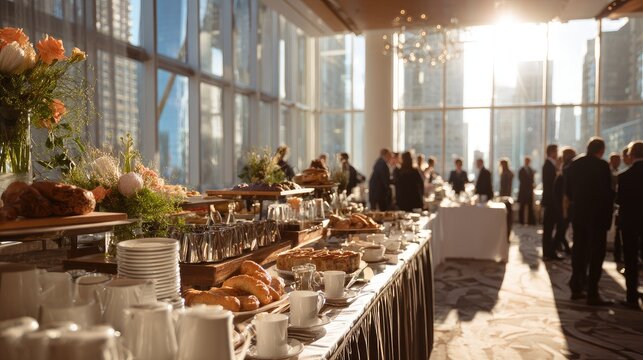 Bright conference event with catering and attendees in a modern venue