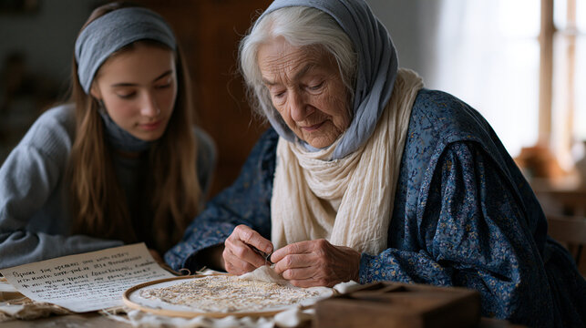 Grandmother threads a needle at a kitchen table while a teenage granddaughter watches closely, a half finished embroidery pattern stretched on a hoop between them, a handwritten
