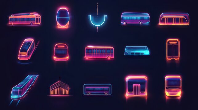 Neon Transportation Icons on Dark Background.
