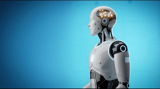 Robot with glowing circuits thinking deeply.