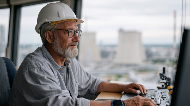 Process safety engineer in chemical plant monitoring ethylene cracker temperature readouts from glass-walled control room, overcast dramatic sky over cooling towers, chemical