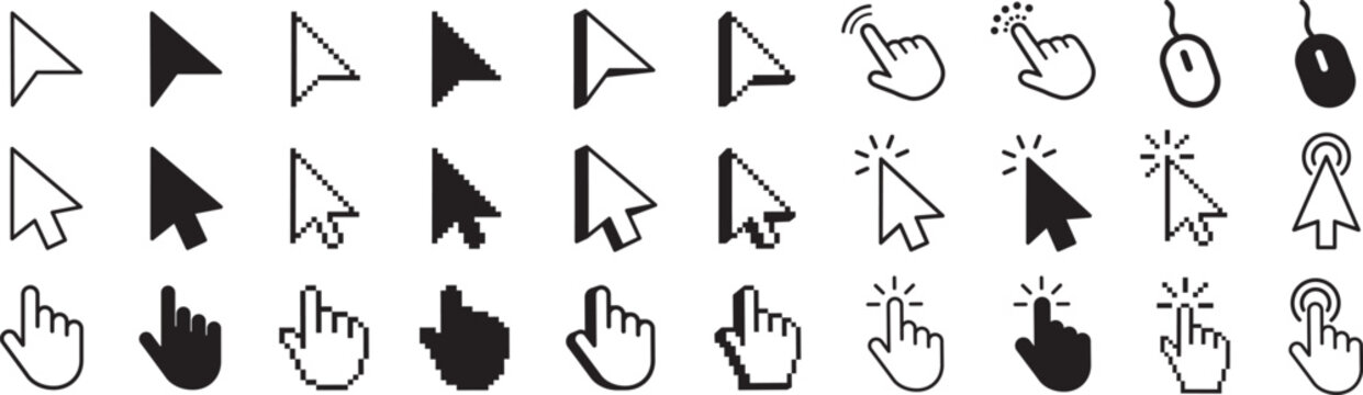 Computer Cursor and Hand Pointer Icon Pack with Click Touch Hover Selection Pixel and Outline Mouse Indicators Vector Set