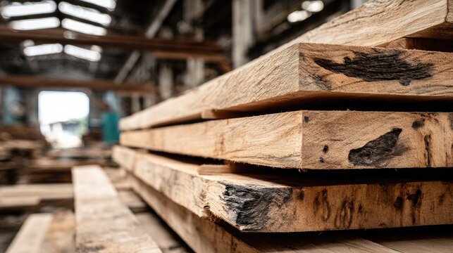 Stacked lumber, showcasing rough-hewn wooden planks in a workshop