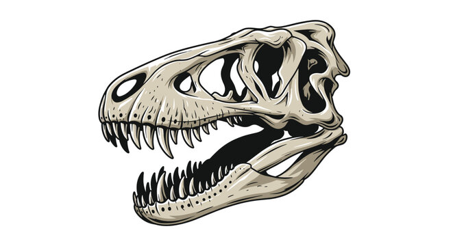 Detailed illustration of a Tyrannosaurus Rex dinosaur skull showing sharp teeth and fossilized bone structure in a natural history style.