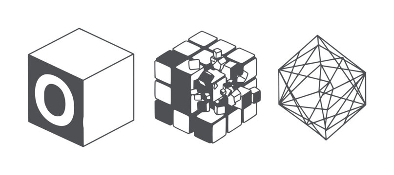 Three geometric shapes cube with letter O exploding cube and wireframe polyhedron