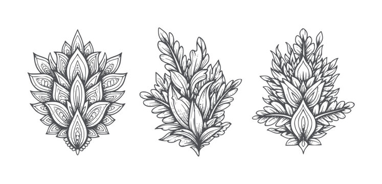 Three ornate botanical floral motifs in dark grey line pattern