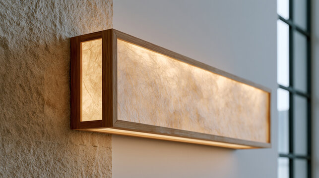 Backlit translucent rice paper panel mounted flush in wooden frame casting warm diffused light across a bare interior wall, architectural detail ideal for Japanese interior design