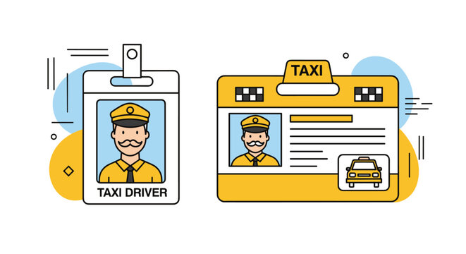 Two different designs for taxi driver identification badges featuring a cartoon character portrait and transportation icons.