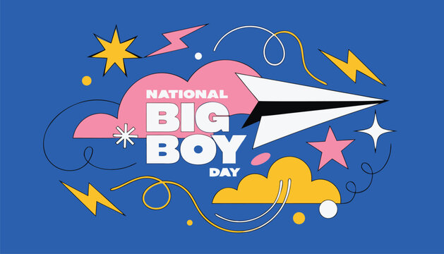National big boy day text with paper plane and decorative shapes