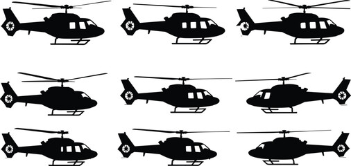 Helicopter black silhouette vector set featuring military chopper medical transport aircraft aviation icon collection with different rotor angles isolated on white background © Arifuxxaman