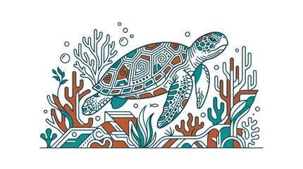 Geometric Sea Turtle Coral Reef Vector Illustration © Marchell