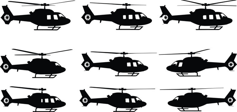 Helicopter black silhouette vector set featuring military chopper medical transport aircraft aviation icon collection with different rotor angles isolated on white background