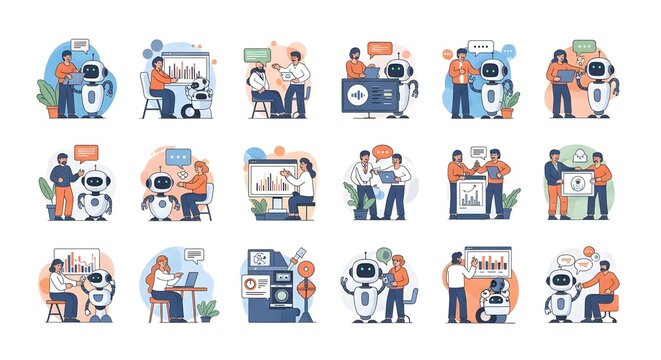 People interacting with robots and technology illustrations