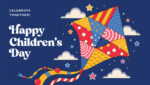 Colorful patterned kite flying high for happy children day celebration