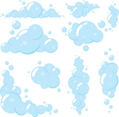 Fototapeta premium Soap Bubble Foam Collection with Blue Water Bubbles and Cleaning Foam Elements