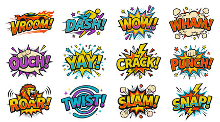 Fototapeta premium Dynamic comic action words and colorful explosion bubbles.
