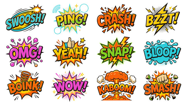 Dynamic comic book action sound words in colorful speech bubbles.