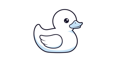 Fototapeta premium Cute white rubber duck toy with large black eyes and a blue beak shown in a simple cartoon style with bold outlines.