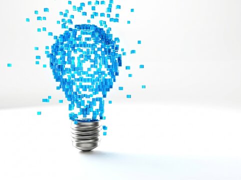 Blue lightbulb with pixels exploding out