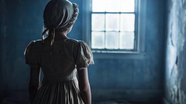 A Victorian-era orphan girl wearing a simple, worn dress and bonnet, standing in a dimly lit orphanage room.