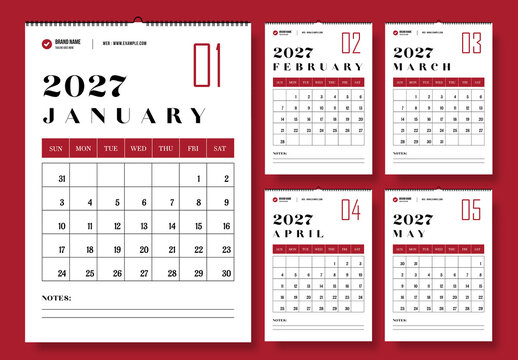 2027 Monthly Wall Calendar Template Layout