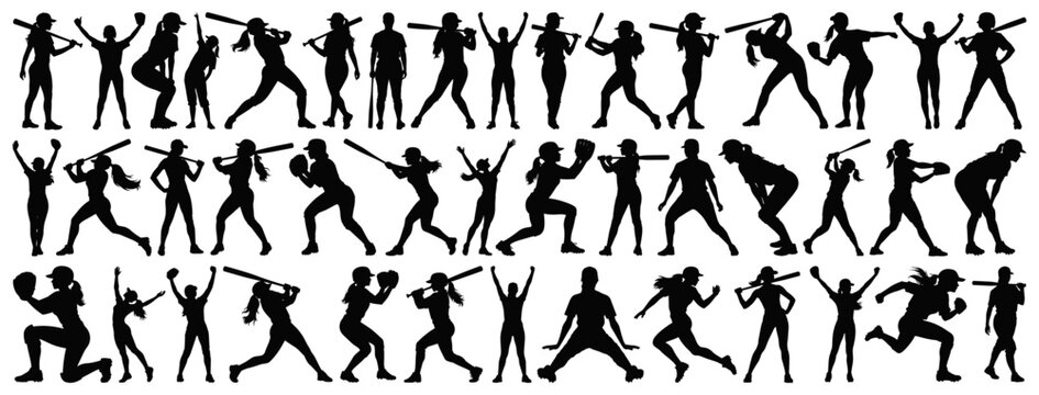 Female Baseball Player Silhouette Collection Vector Set Black Sports Women Athletes Batting Pitching Running Catching Isolated