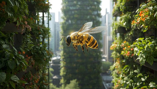 Transparent Robotic Bee Pollinating Vertical Urban Gardens, AI Machine Learning and Sustainable Agriculture Concept