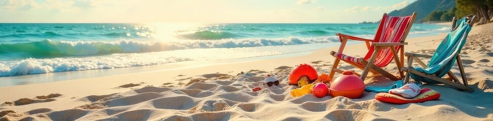 Fototapeta premium A family's beach day is over; towels, toys, and chairs are gathered, ready to leave the sandy shore Sun-kissed sand, footprints fading, summer's end , holiday, coastline