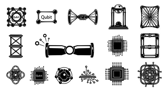 Quantum computing and qubit technology hardware icons set for future science and research developments in a clean black and white vector illustration