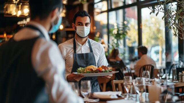 A waiter wearing a mask while serving food to customers at a restaurant table.