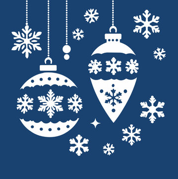 Two elegant hanging Christmas ornaments &mdash; a round bauble and teardrop shape &mdash; decorated with snowflake patterns and sparkles on navy background. Festive holiday decoration vector illustration.