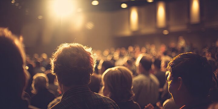A crowd of people watch a bright spotlight on a stage in a darkened venue