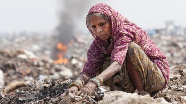 A woman collecting scraps of metal from a landfill site in India, attempting to make a living despite difficult circumstances.