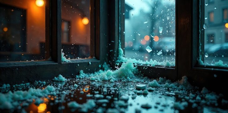 A shattered window, broken glass scattered on the ground, symbolizing the aftermath of a violent crime scene A sense of destruction and chaos is palpable , danger, violence