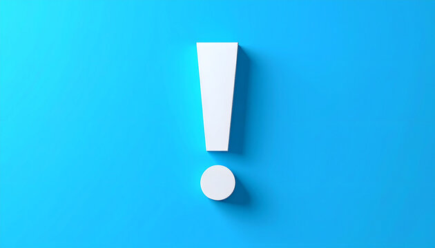 White exclamation mark on solid blue background, modern minimal design, clean composition, soft subtle shadow, flat design style. Close-up.