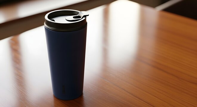 Blue travel mug on wooden table