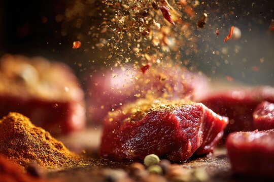 Close-up of raw meat cubes being seasoned with spices in a warm, rustic setting