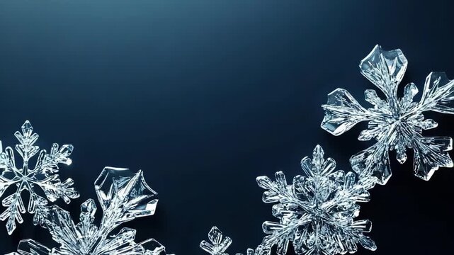 Snowflakes fall gently in a dark background. Each flake shows its own unique design and shape. The focus is on the intricate patterns of the ice crystals