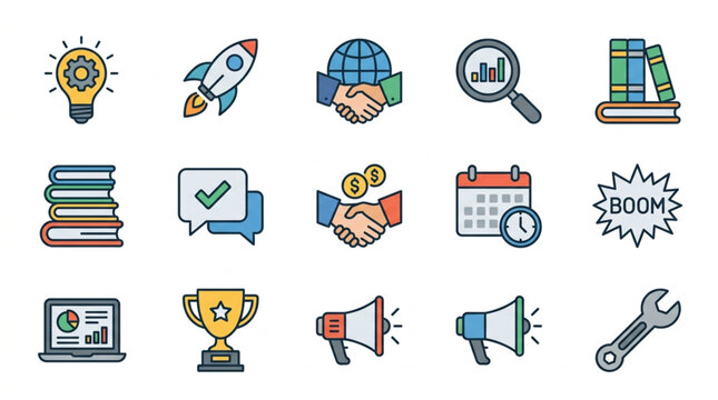 Collection of business and finance related icons for digital use.