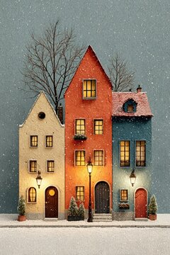 Watercolor style cozy Christmas village scene with knitted texture effect