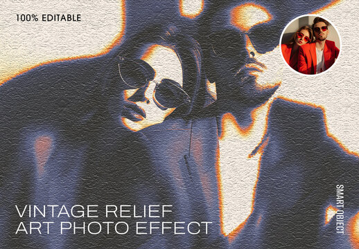 Vintage Relief Art Photo Effect Template with Retro Textured