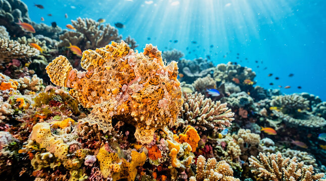Frogfish Resting on Coral Reef Beneath Tropical Sun Rays