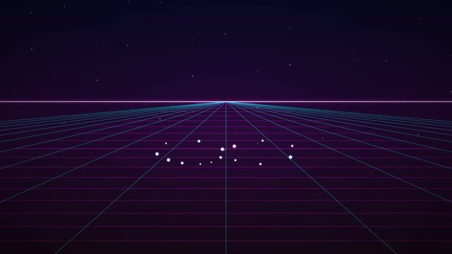 Retro futuristic digital grid landscape with glowing geometric shapes floating in the center under a starry sky.