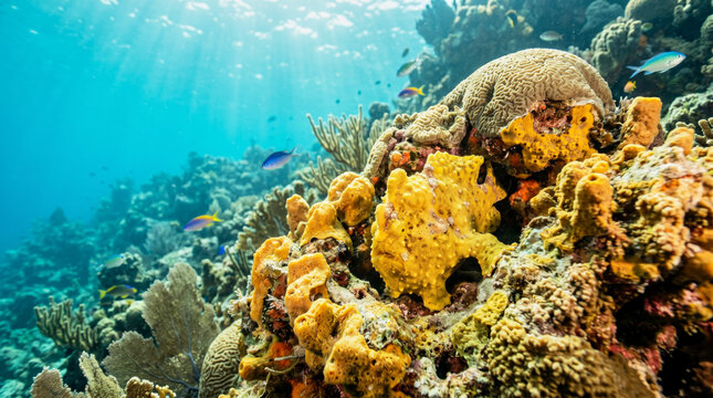 Yellow Frogfish Camouflaged Among Coral Reef in Tropical Ocean