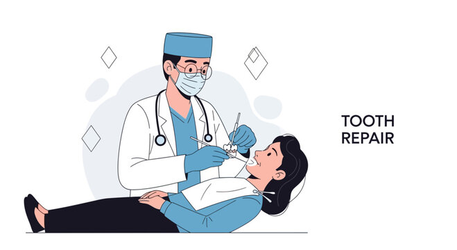 Dentist treating patient, tooth repair concept illustration