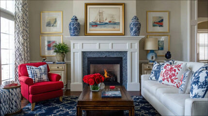Naklejka premium Cozy living room with fireplace and nautical decor elements