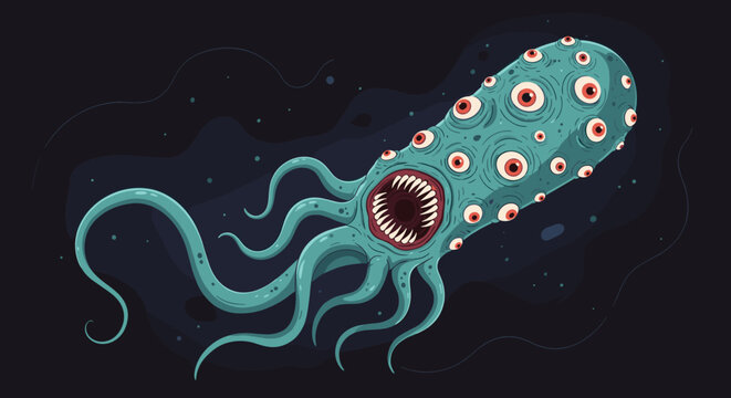 Terrifying green alien creature with dozens of red eyeballs and long tentacles floating in the dark void of outer space.