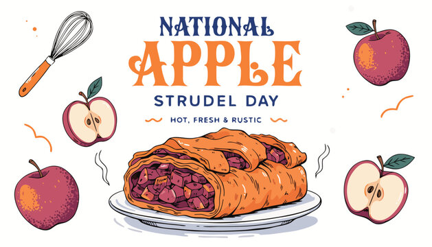 Hand drawn illustration celebrating national apple strudel day with fruit